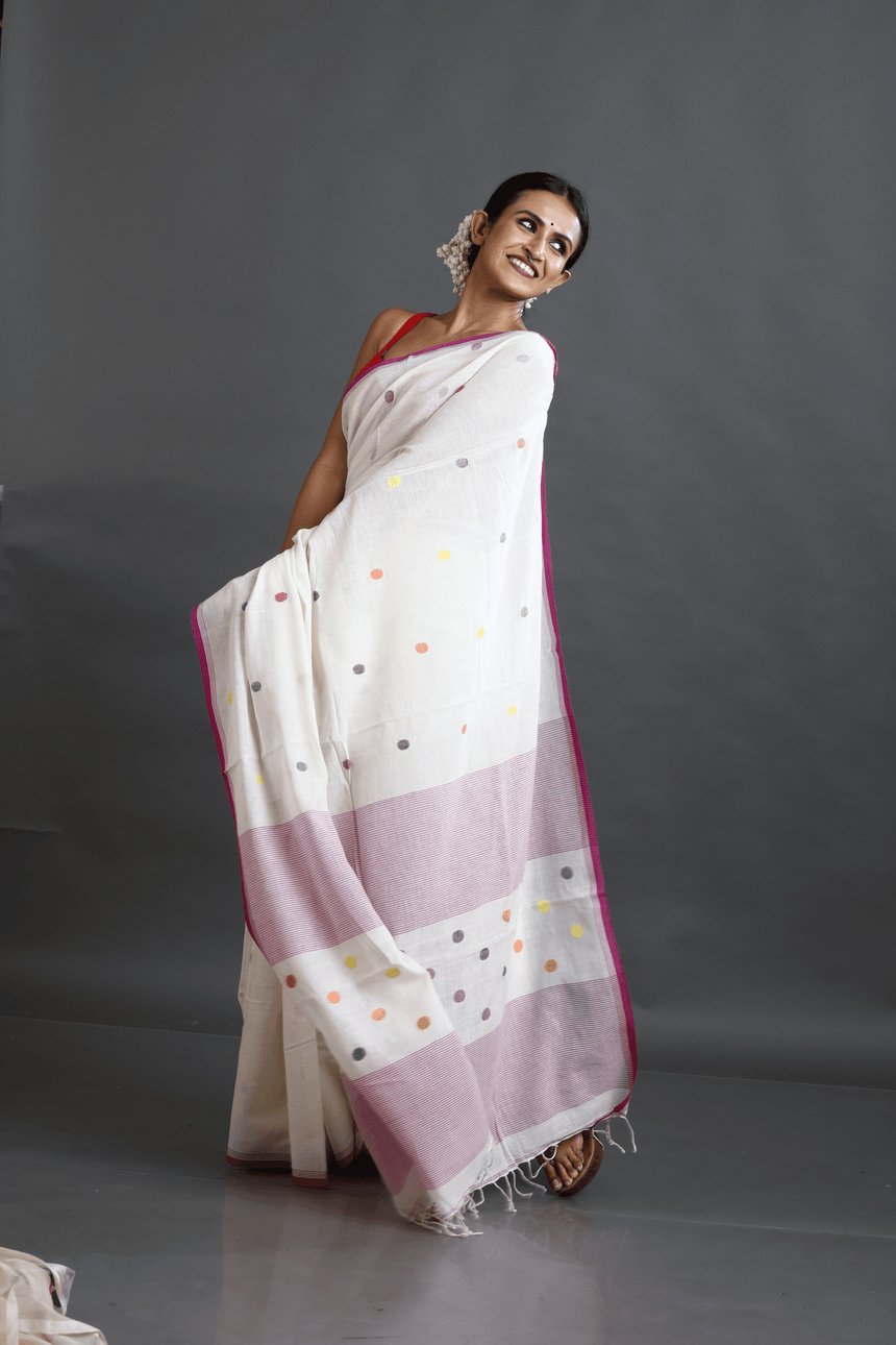 Offwhite with Pink border palka dot cotton handwoven jamdani saree - Tamal Boutique