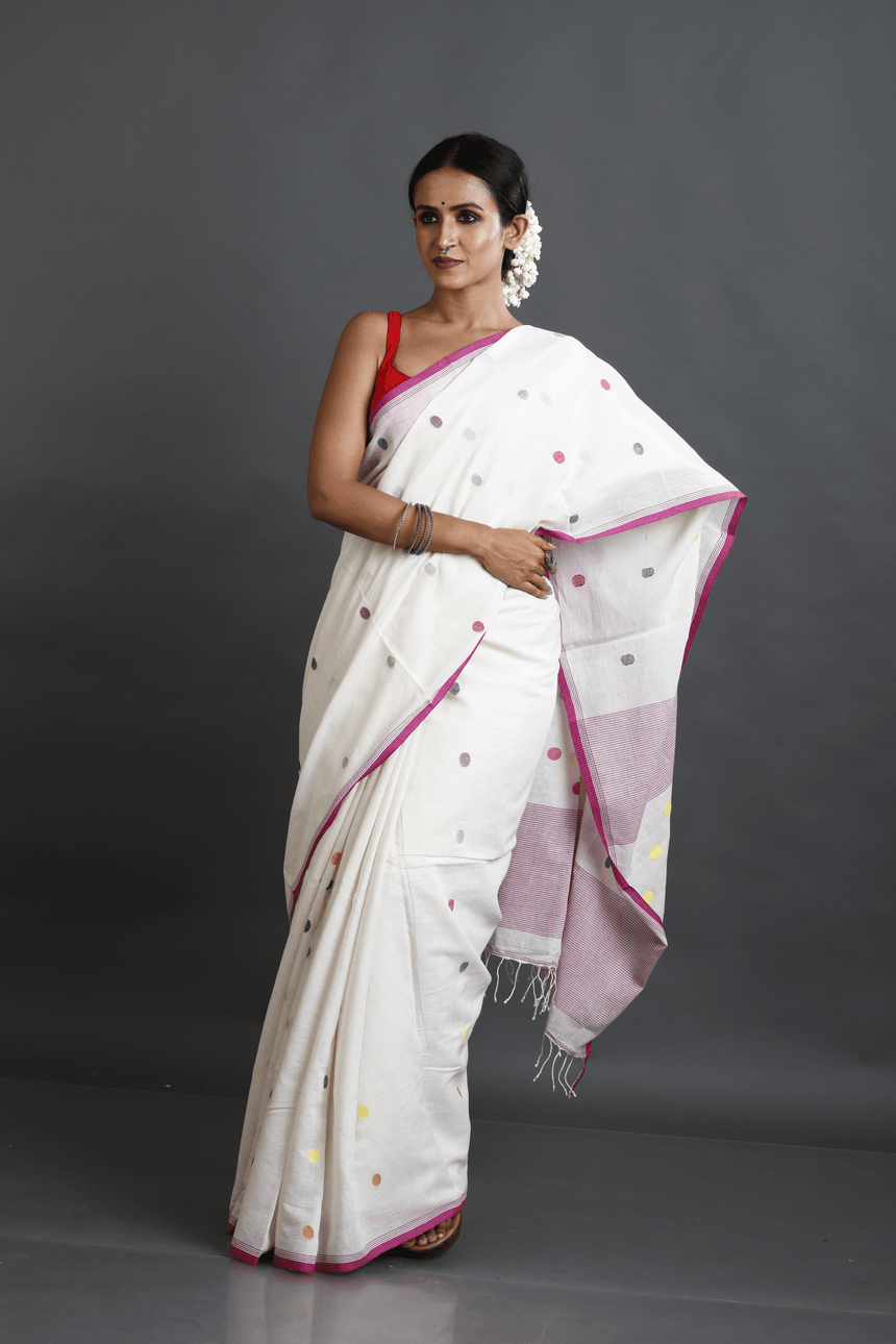 Offwhite with Pink border palka dot cotton handwoven jamdani saree - Tamal Boutique