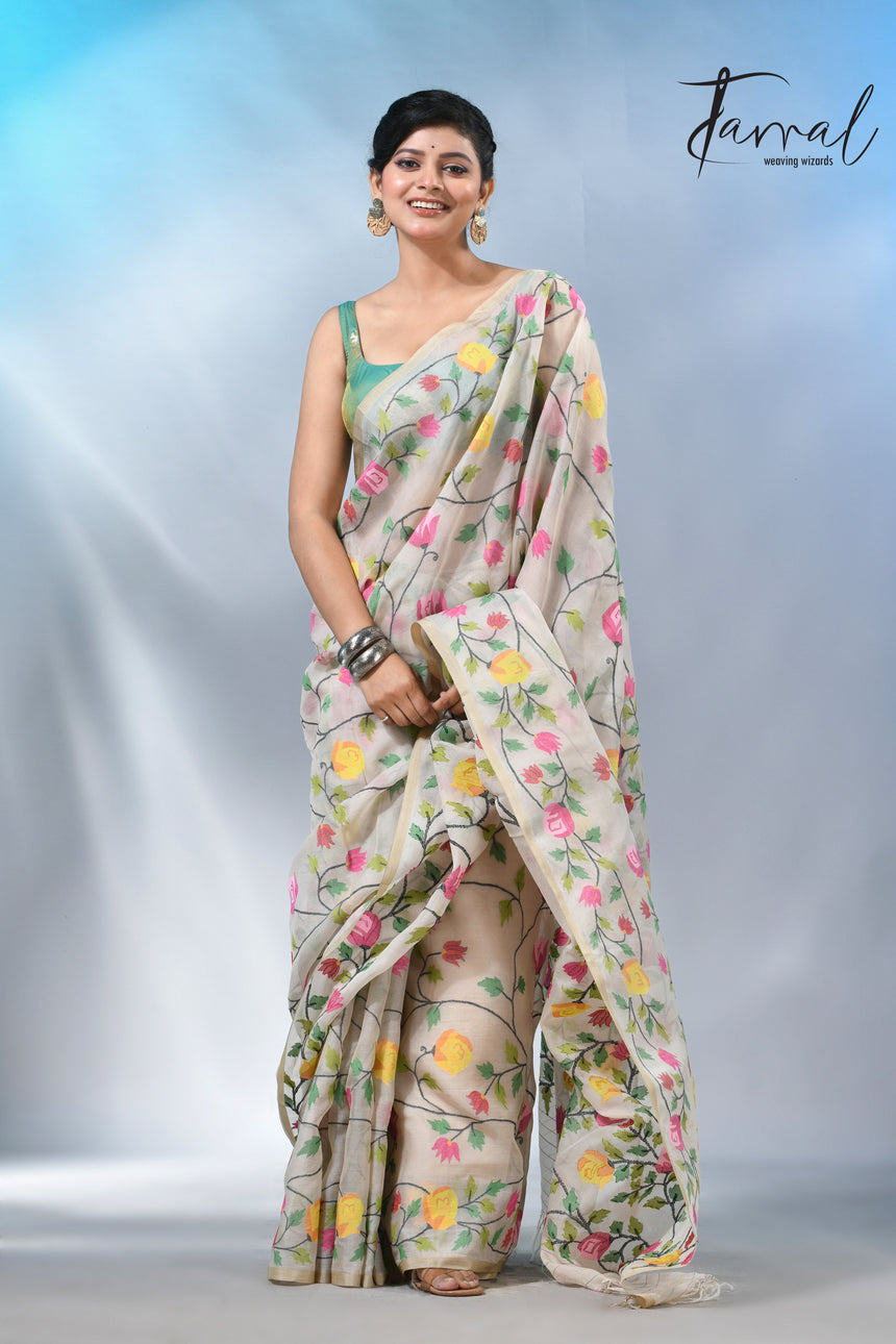 Offwhite with allover rose muslin silk handwoven jamdani saree