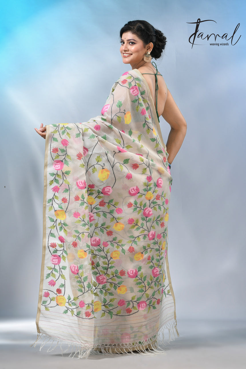 Offwhite with allover rose muslin silk handwoven jamdani saree