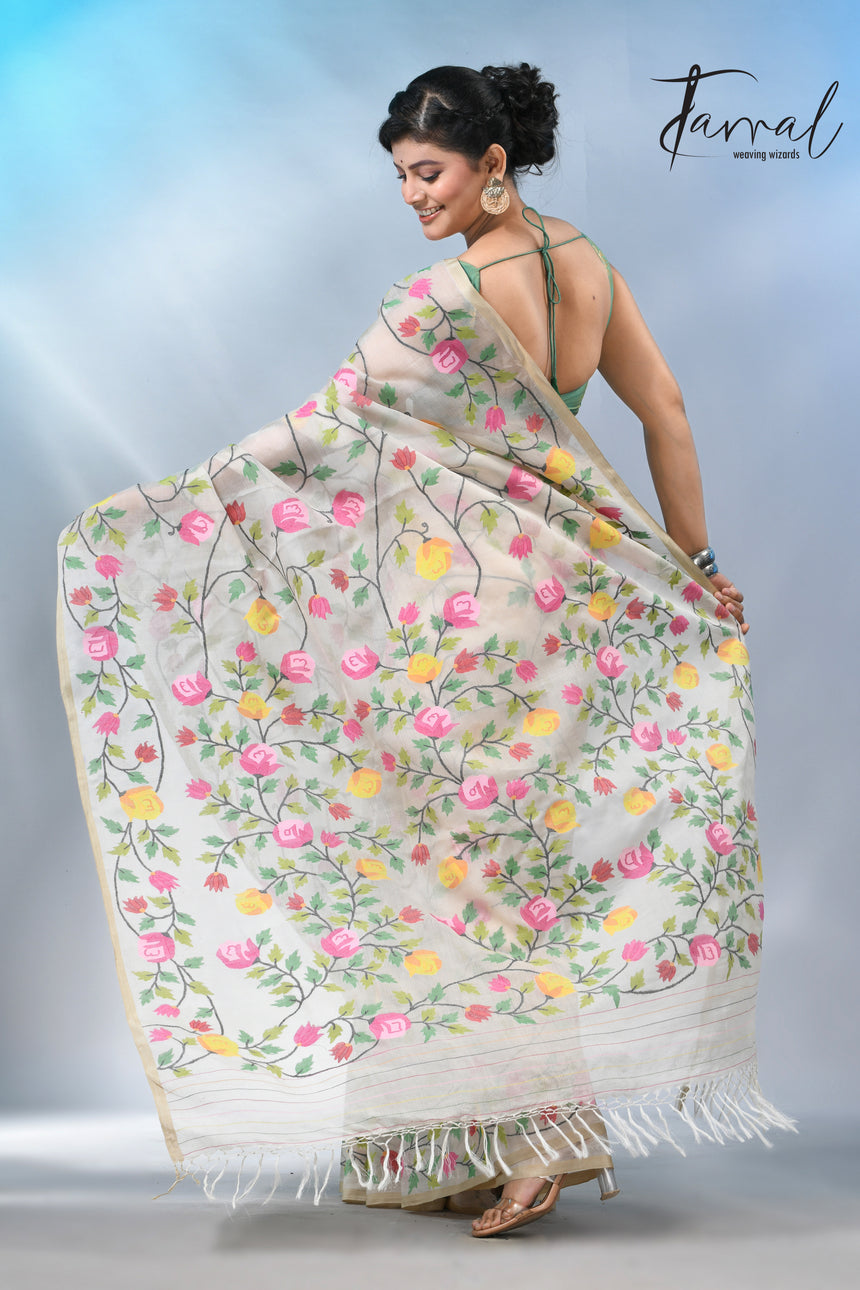 Offwhite with allover rose muslin silk handwoven jamdani saree