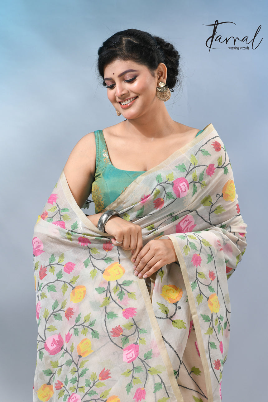 Offwhite with allover rose muslin silk handwoven jamdani saree