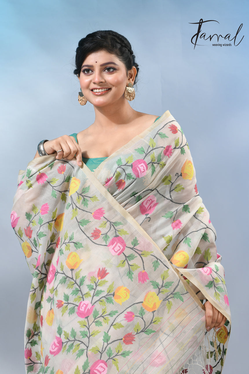 Offwhite with allover rose muslin silk handwoven jamdani saree