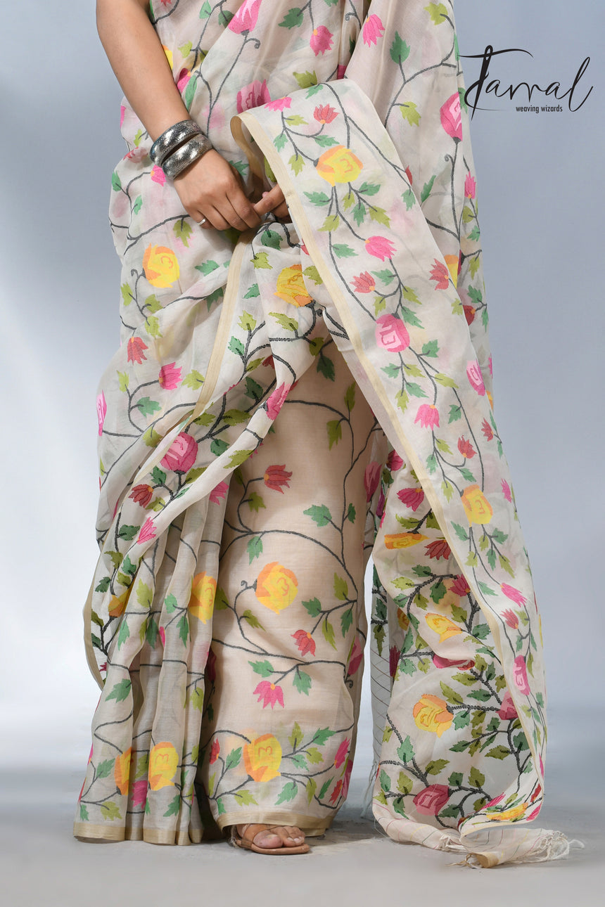Offwhite with allover rose muslin silk handwoven jamdani saree