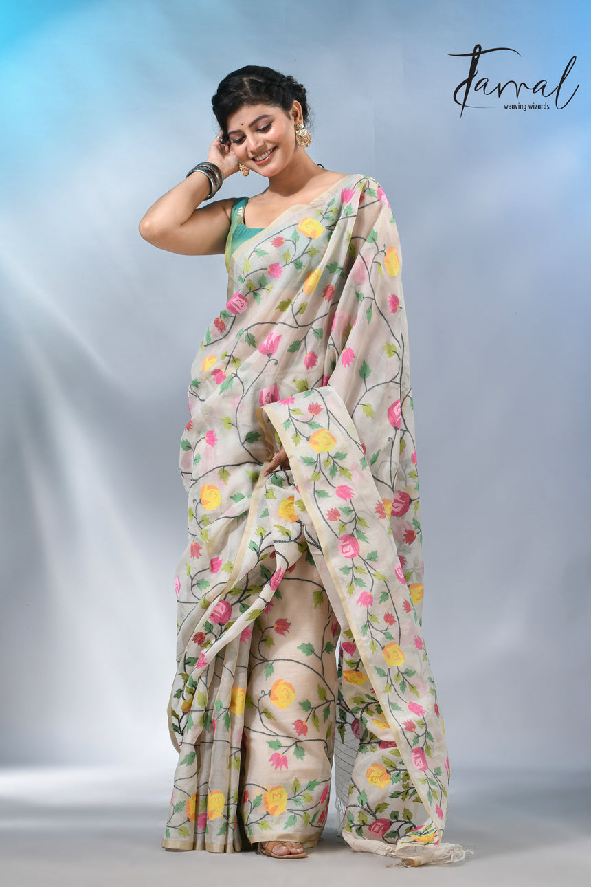 Offwhite with allover rose muslin silk handwoven jamdani saree