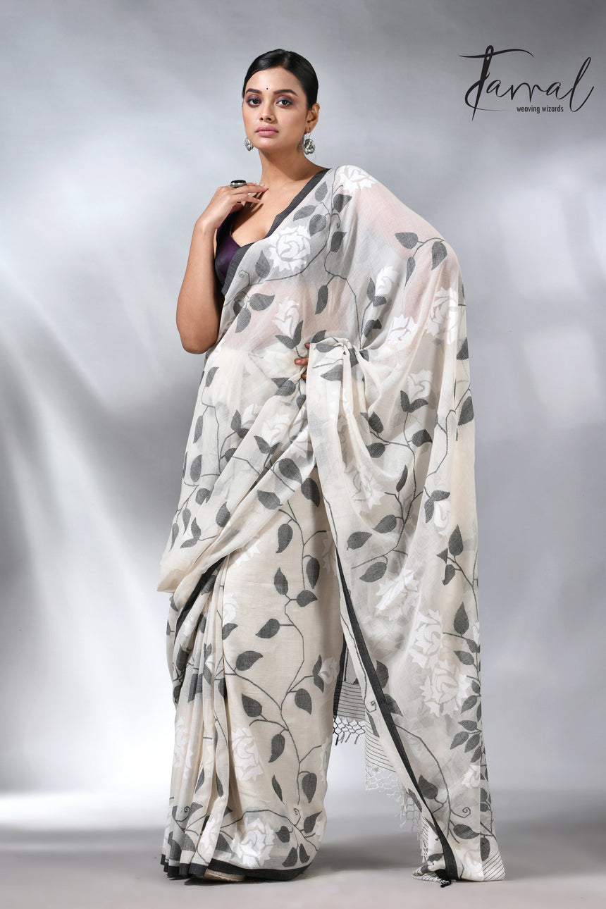 Offwhite with black allover cotton muslin handwoven jamdani saree