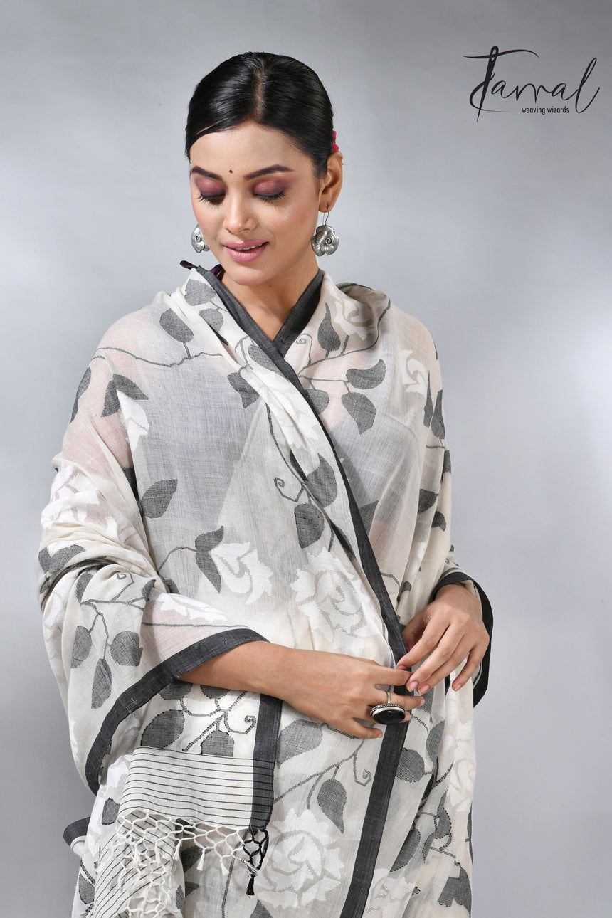 Offwhite with black allover cotton muslin handwoven jamdani saree