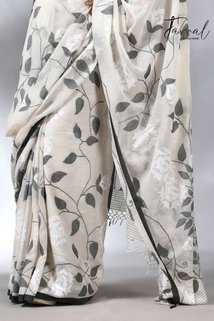 Offwhite with black allover cotton muslin handwoven jamdani saree