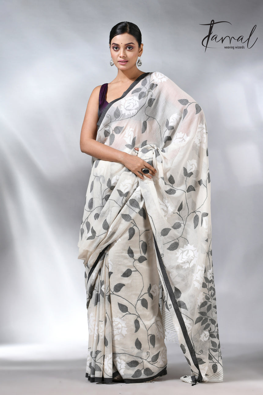 Offwhite with black allover cotton muslin handwoven jamdani saree