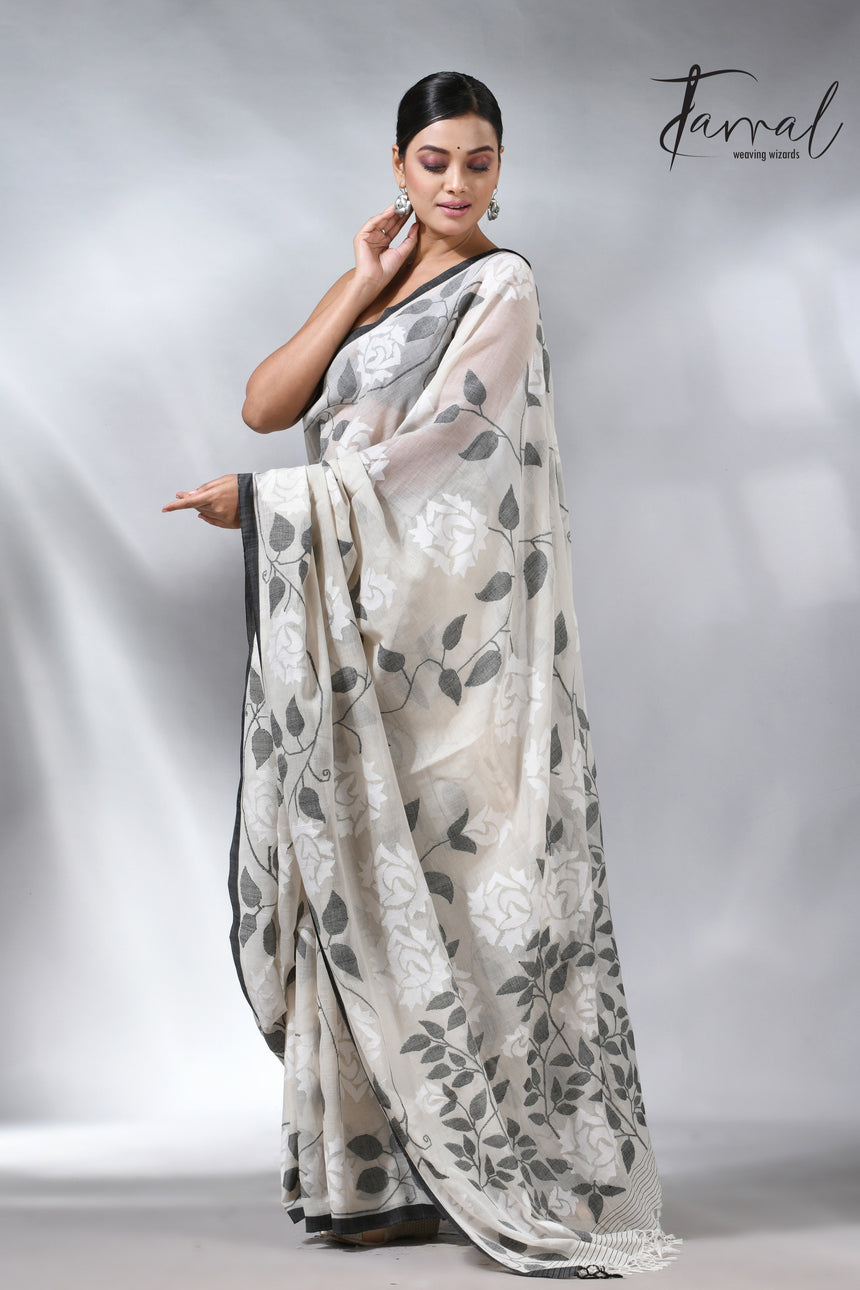 Offwhite with black allover cotton muslin handwoven jamdani saree