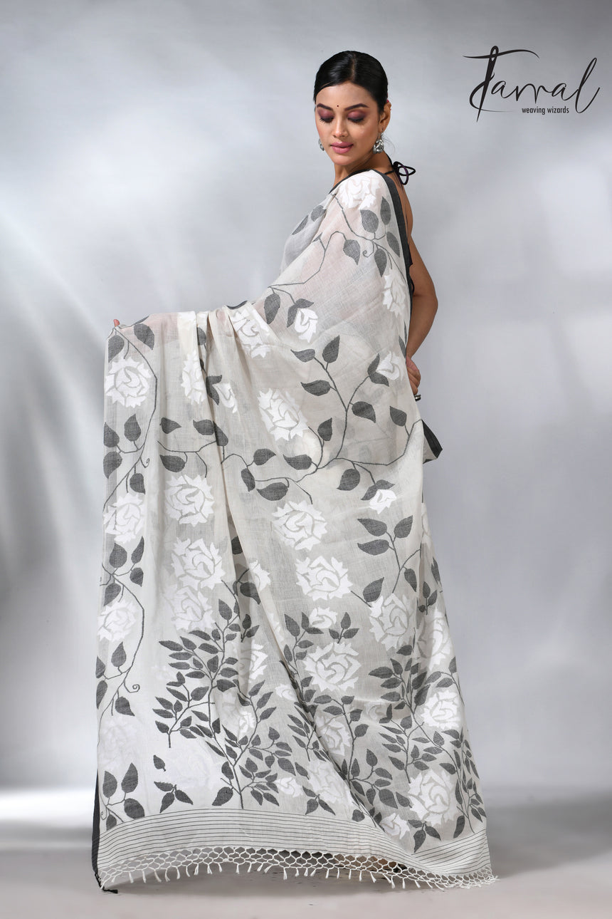 Offwhite with black allover cotton muslin handwoven jamdani saree