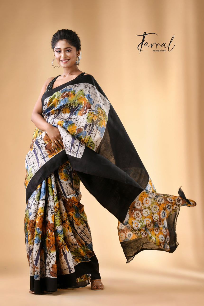 Offwhite with black border handcrafted batik pure silk saree
