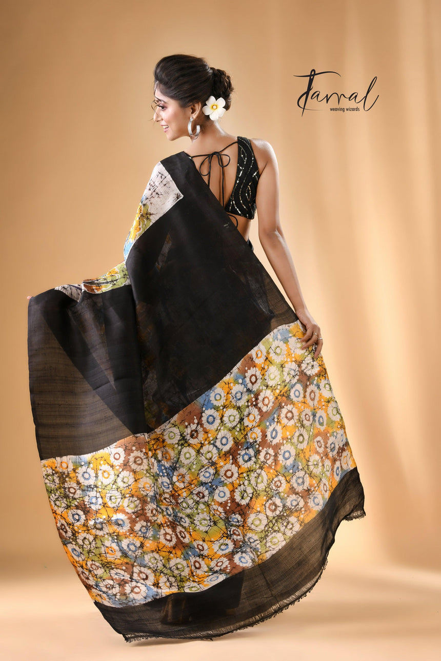 Offwhite with black border handcrafted batik pure silk saree