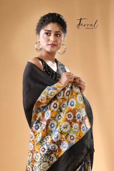 Offwhite with black border handcrafted batik pure silk saree