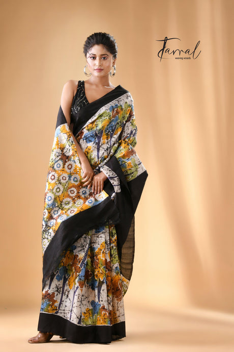 Offwhite with black border handcrafted batik pure silk saree