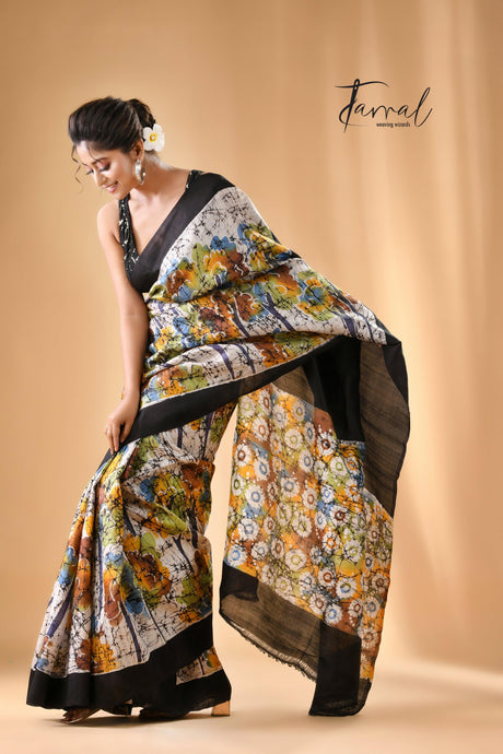 Offwhite with black border handcrafted batik pure silk saree