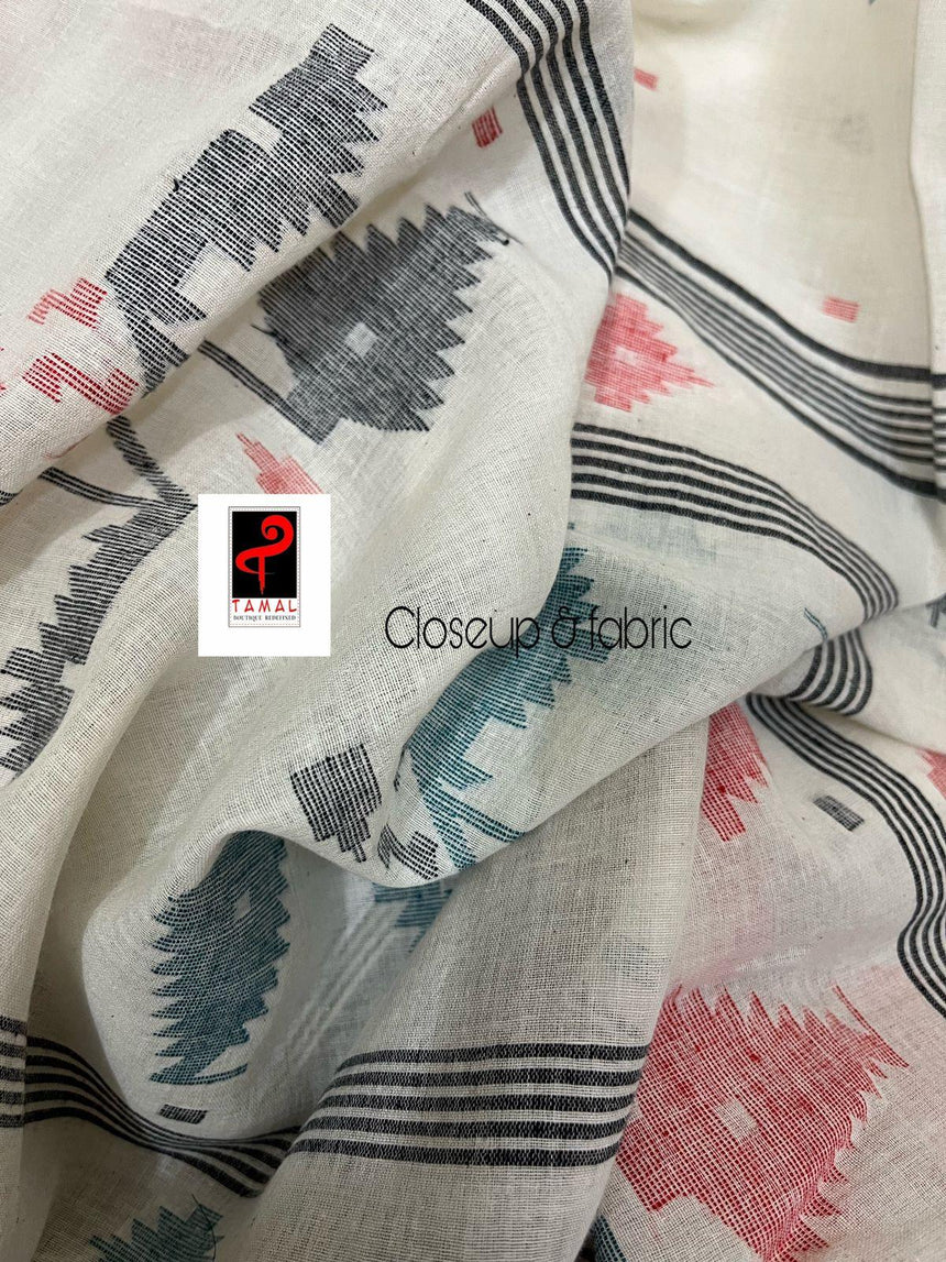 Offwhite with black border pure cotton handwoven jamdani saree