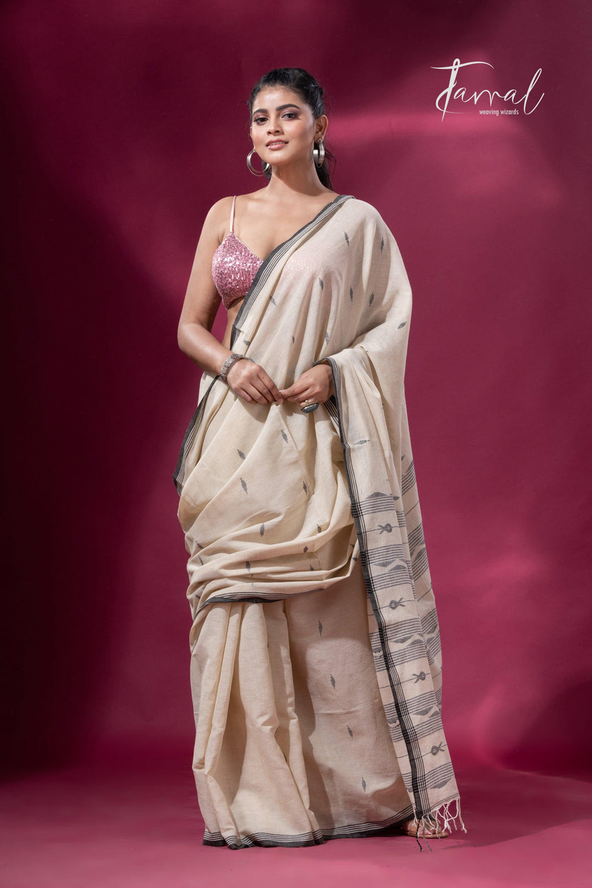 Offwhite with black border pure cotton handwoven jamdani saree