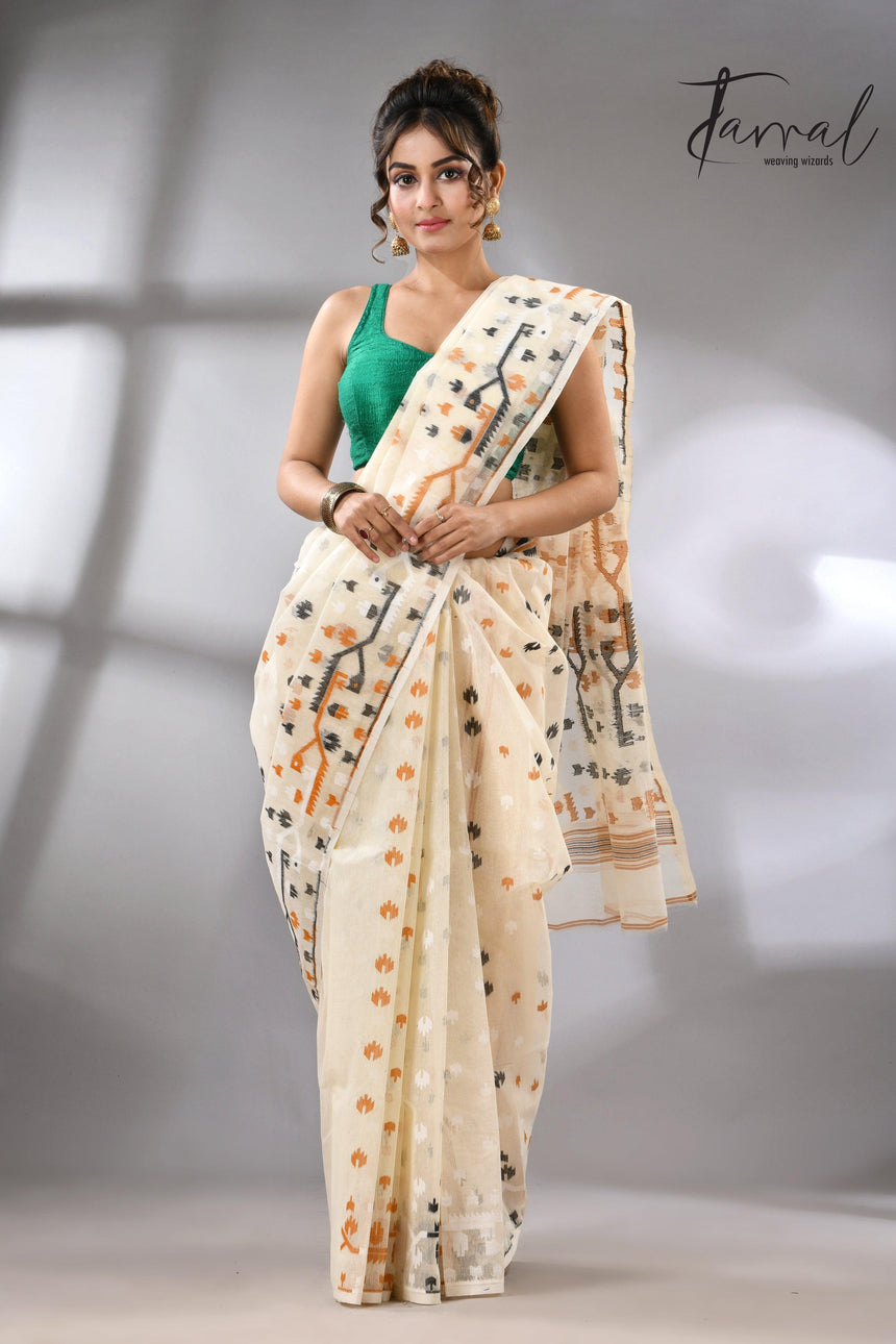 Ivory Splendor soft handloom dhaki jamdani saree - Tamal Boutique