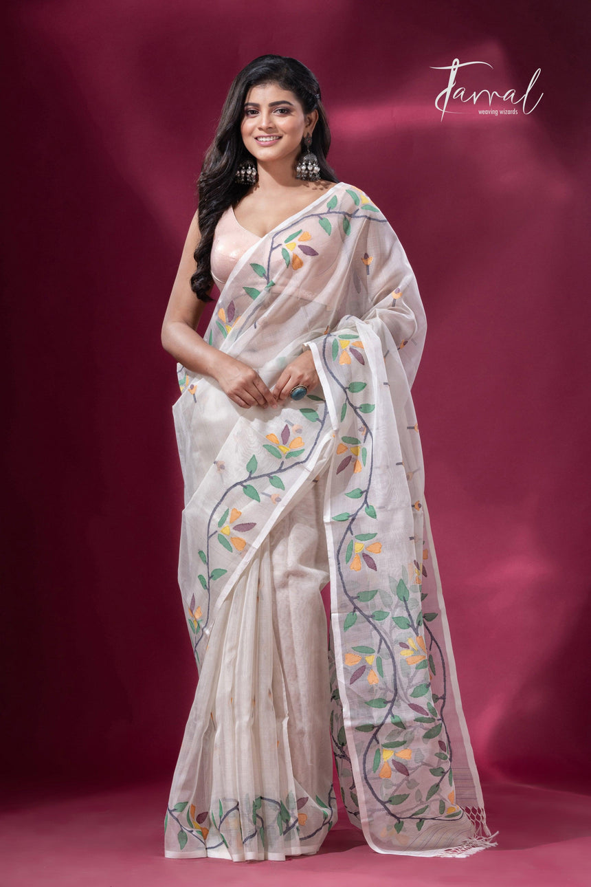 Offwhite with floral border muslin silk handwoven jamdani saree