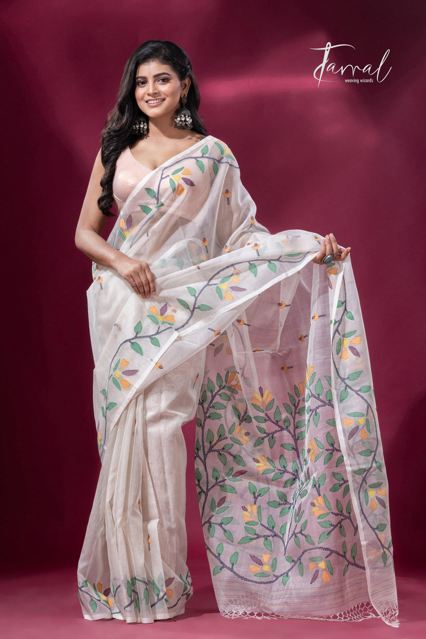 Offwhite with floral border muslin silk handwoven jamdani saree full2