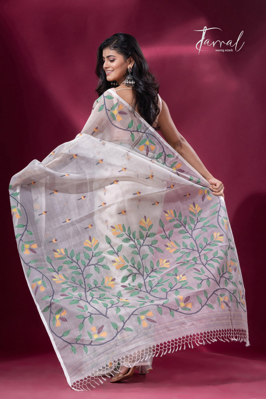 Offwhite with floral border muslin silk handwoven jamdani saree full5