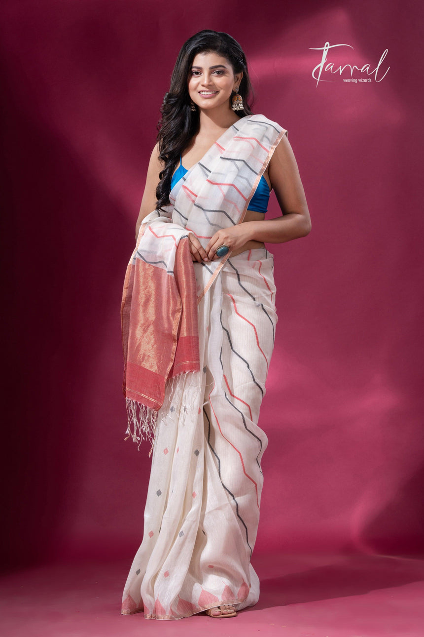 Offwhite with half silk half linen handwoven jamdani saree