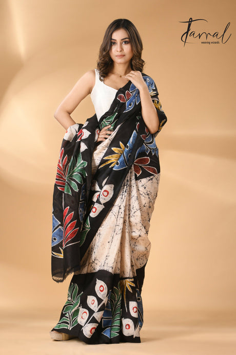 Offwhite with leaves design handcrafted pure batik silk saree
