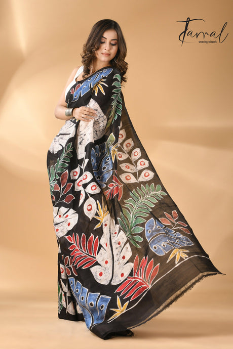 Offwhite with leaves design handcrafted pure batik silk saree