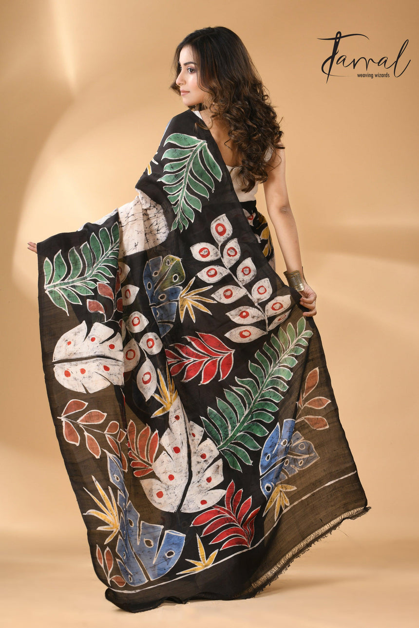 Offwhite with leaves design handcrafted pure batik silk saree