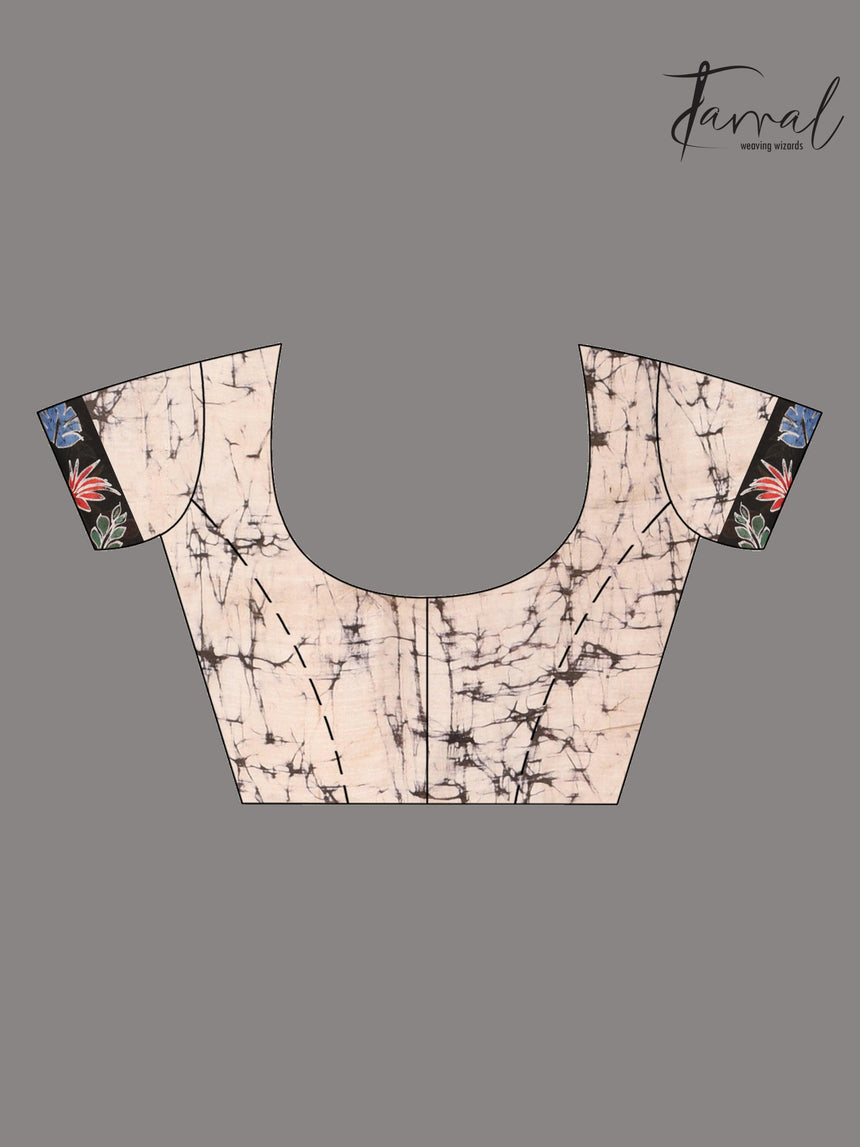 Offwhite with leaves design handcrafted pure batik silk saree