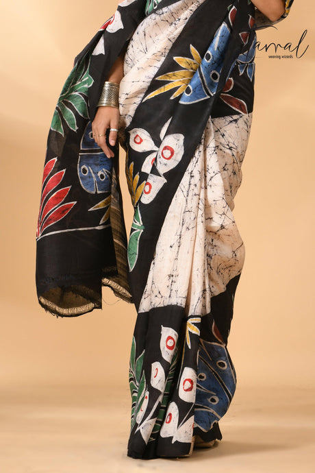 Offwhite with leaves design handcrafted pure batik silk saree