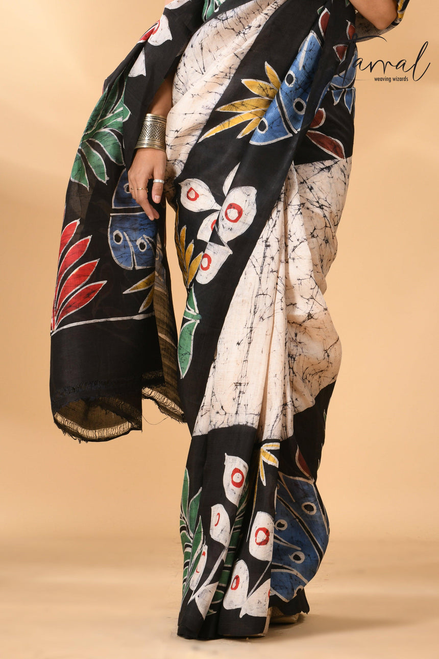 Offwhite with leaves design handcrafted pure batik silk saree