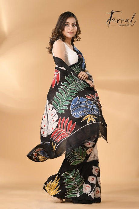 Offwhite with leaves design handcrafted pure batik silk saree