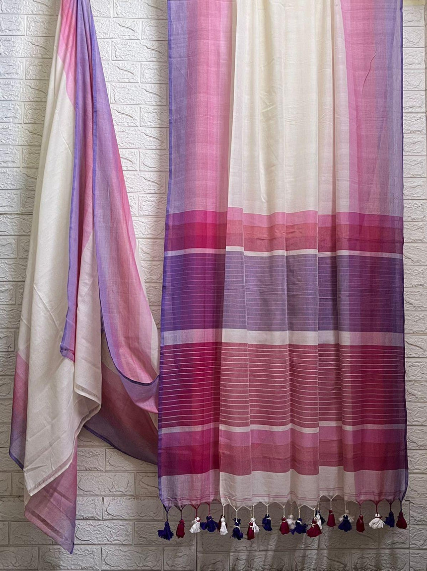 Offwhite with multi colour border mul cotton handloom saree