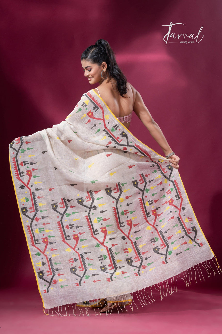 Offwhite with yellow border multicolour traditional dhakai handwoven jamdani pure linen - Tamal Boutique