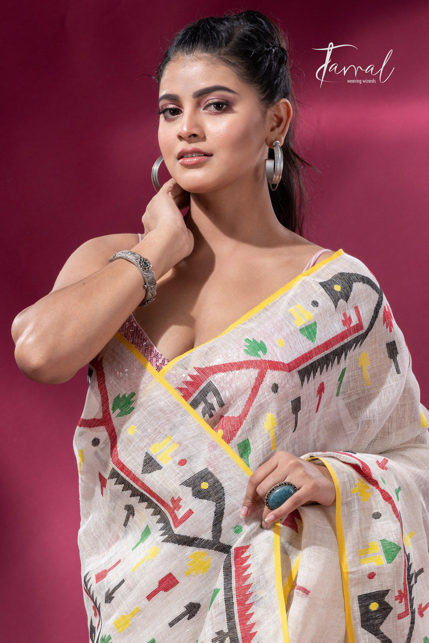 Offwhite with yellow border multicolour traditional dhakai handwoven jamdani pure linen - Tamal Boutique