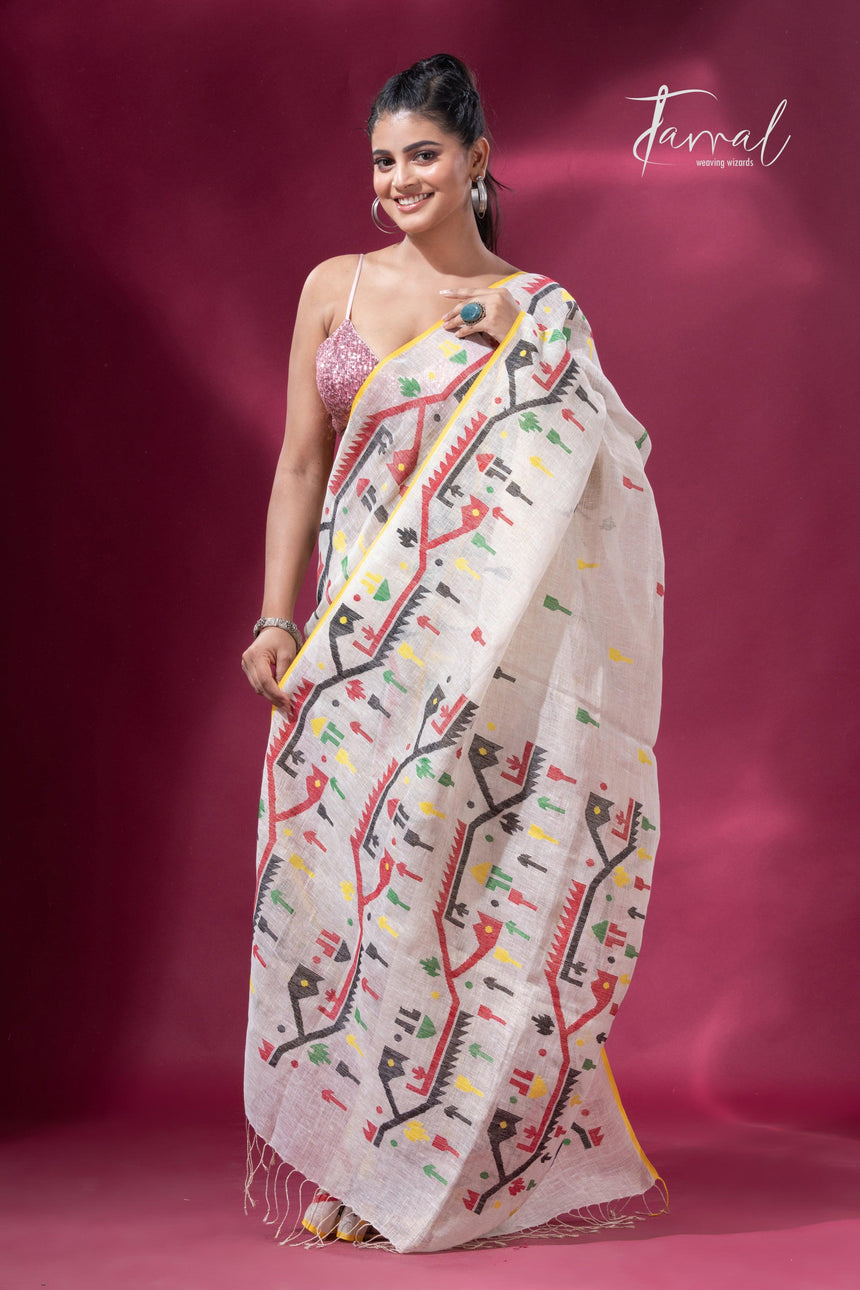 Offwhite with yellow border multicolour traditional dhakai handwoven jamdani pure linen - Tamal Boutique