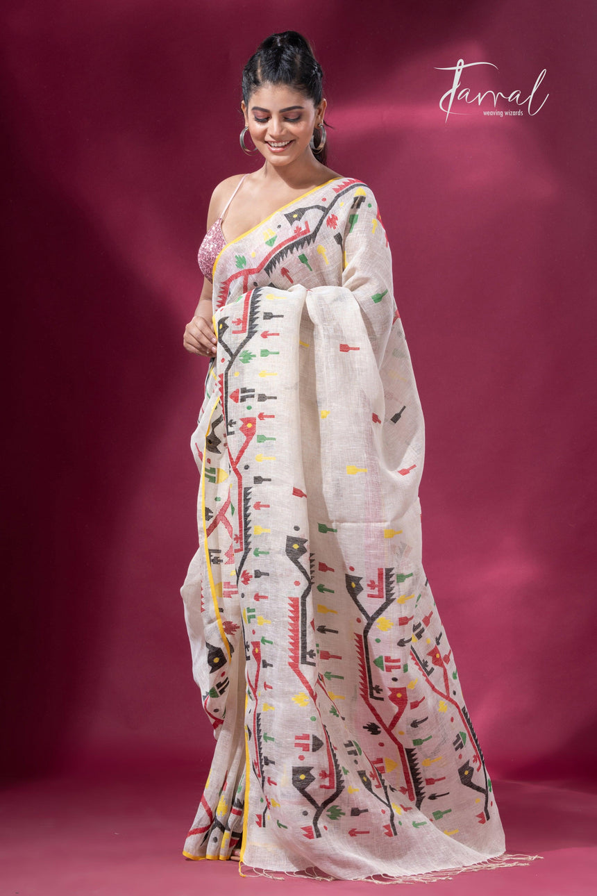 Offwhite with yellow border multicolour traditional dhakai handwoven jamdani pure linen - Tamal Boutique