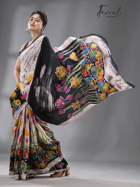 Offwhite with multicolour Ivory Lotus Blossom Batik Silk Saree