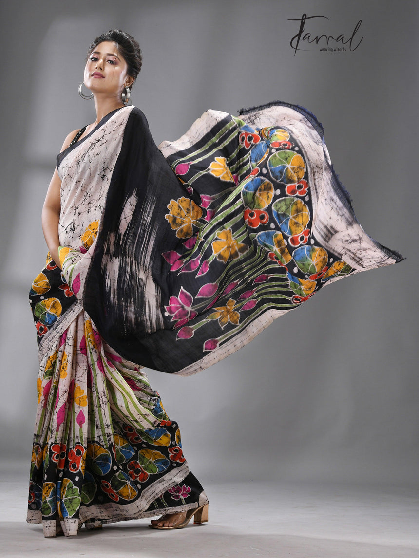 Offwhite with multicolour Ivory Lotus Blossom Batik Silk Saree