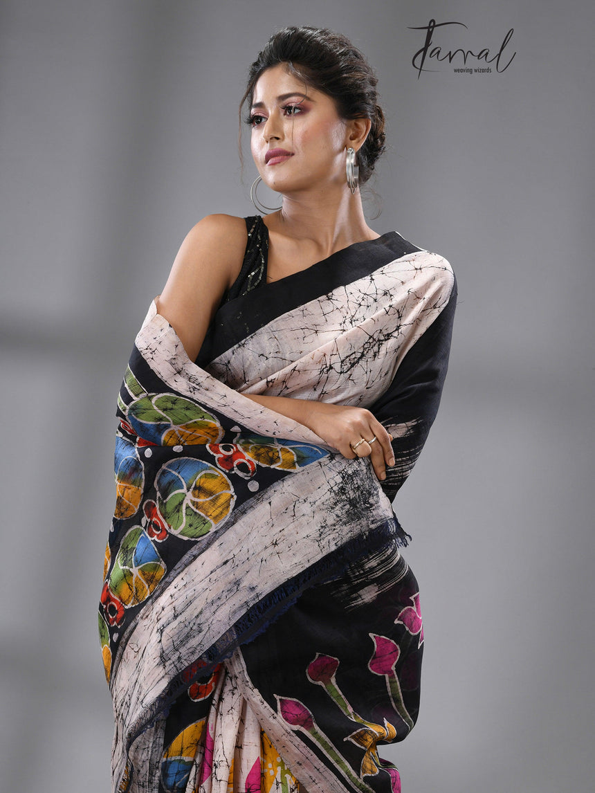 Offwhite with multicolour Ivory Lotus Blossom Batik Silk Saree