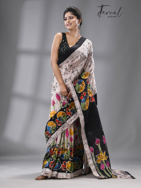 Offwhite with multicolour Ivory Lotus Blossom Batik Silk Saree