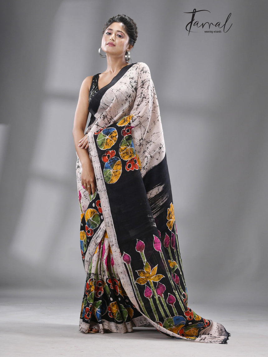 Offwhite with multicolour Ivory Lotus Blossom Batik Silk Saree