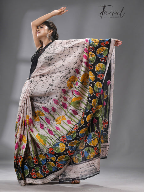 Offwhite with multicolour Ivory Lotus Blossom Batik Silk Saree