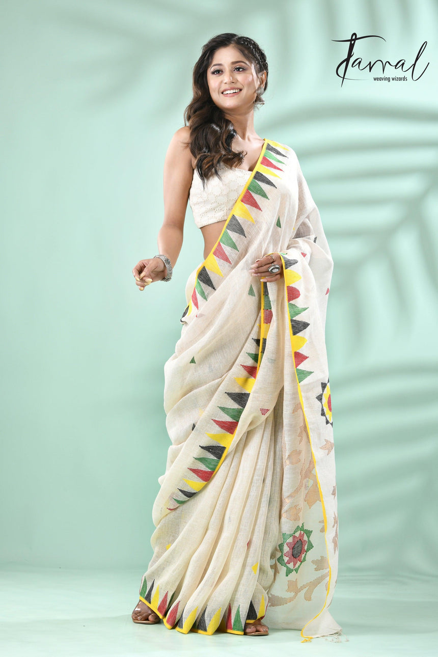Offwhite with multicolour border pure linen handwoven jamdani saree - Tamal Boutique