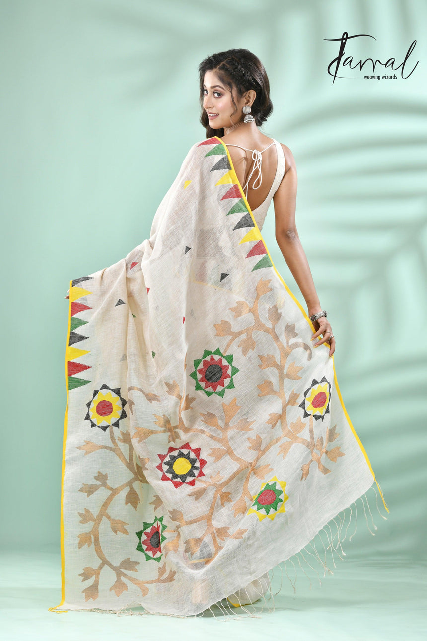 Offwhite with multicolour border pure linen handwoven jamdani saree - Tamal Boutique