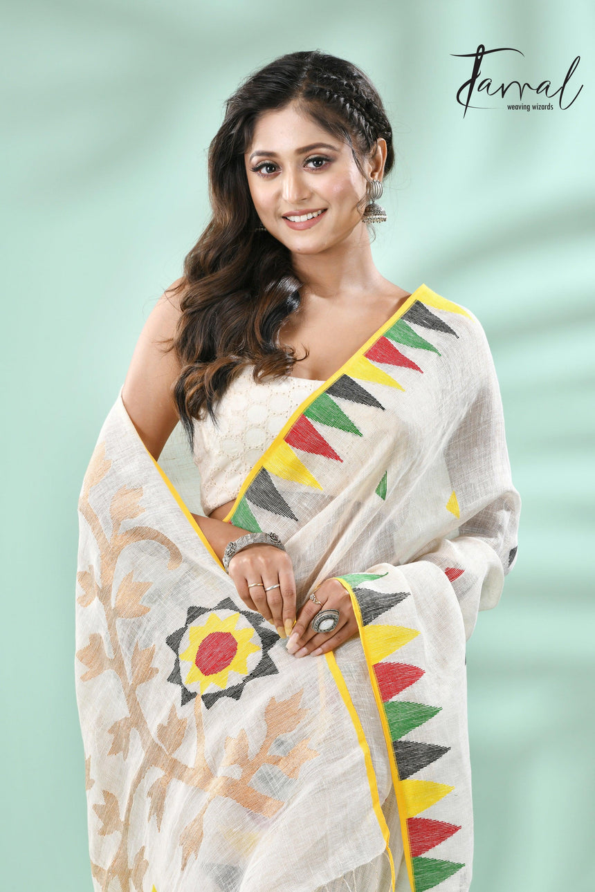 Offwhite with multicolour border pure linen handwoven jamdani saree - Tamal Boutique
