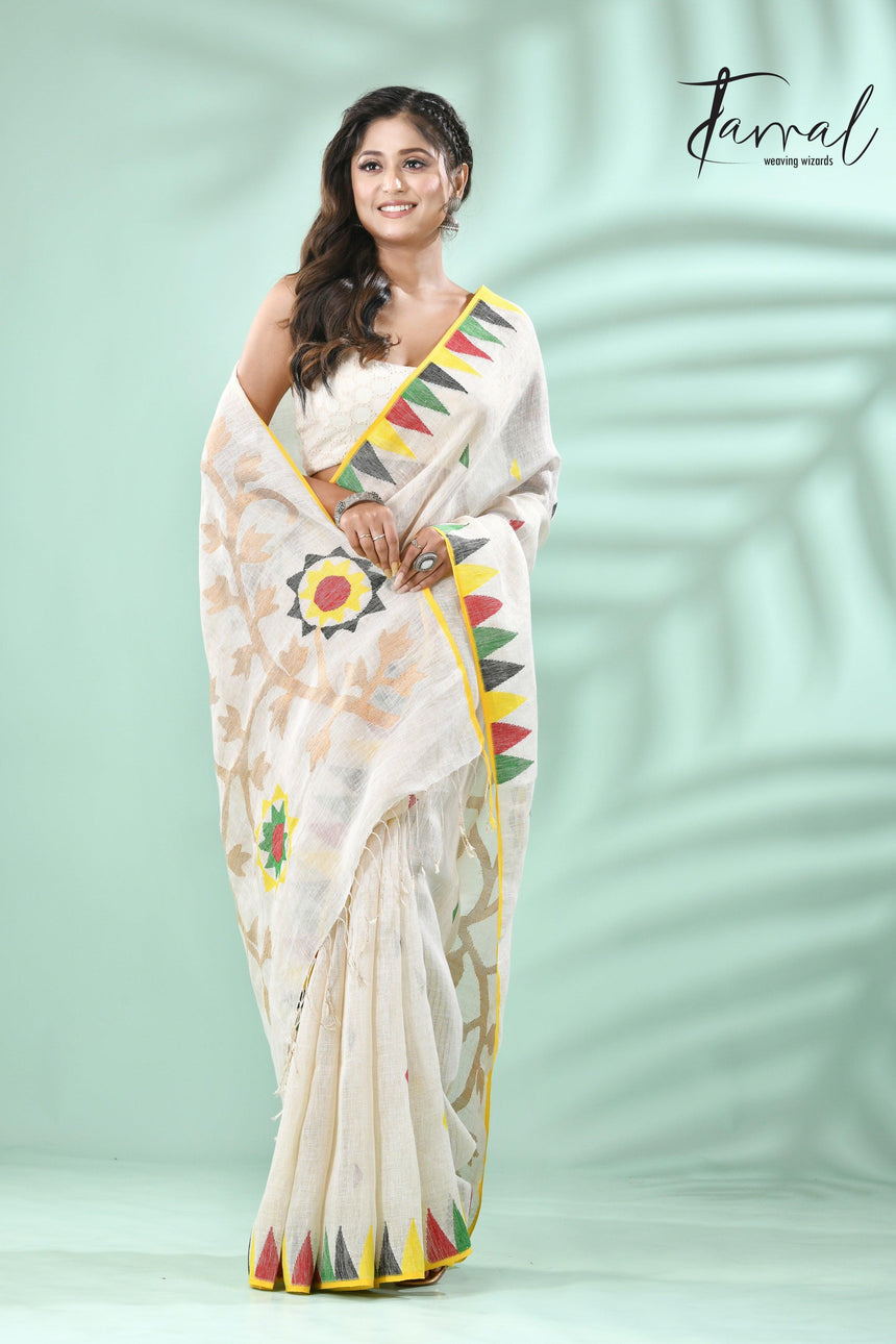 Offwhite with multicolour border pure linen handwoven jamdani saree - Tamal Boutique