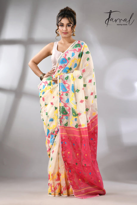 Offwhite with multi colour soft handloom dhakai jamdani saree - Tamal Boutique